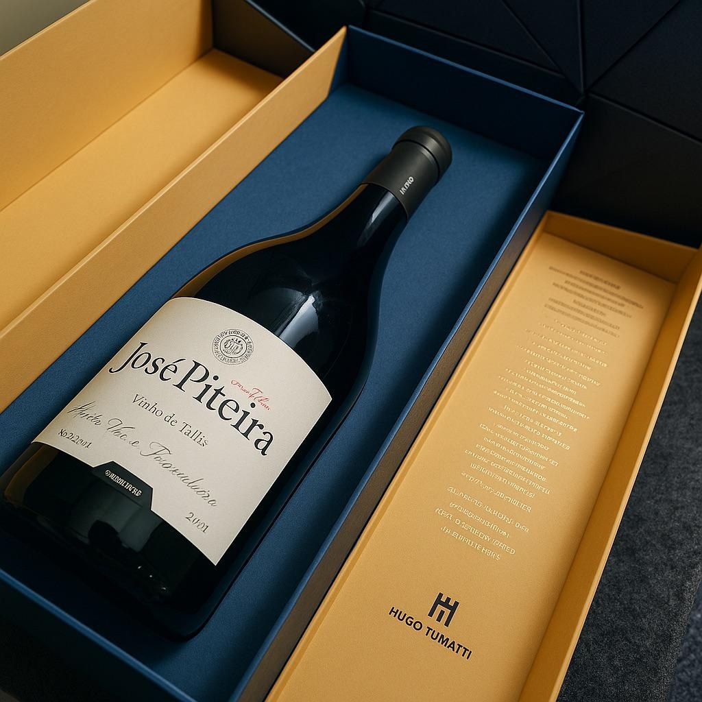 Caixa corporativa para vinho José Piteira, interior azul-marinho
