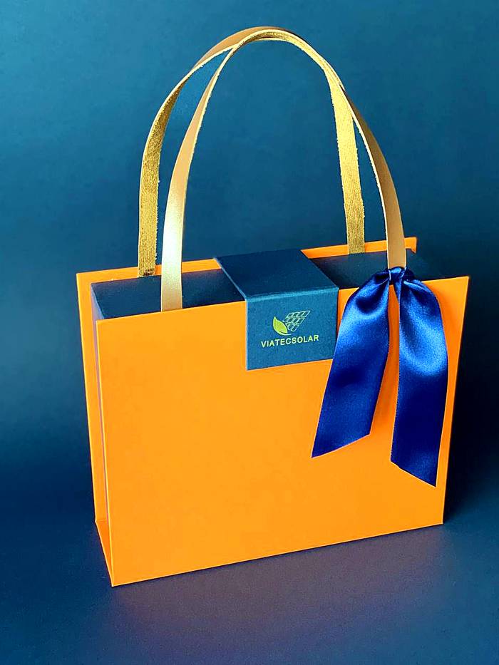 Sacola personalizada laranja Viatecsolar com laço azul